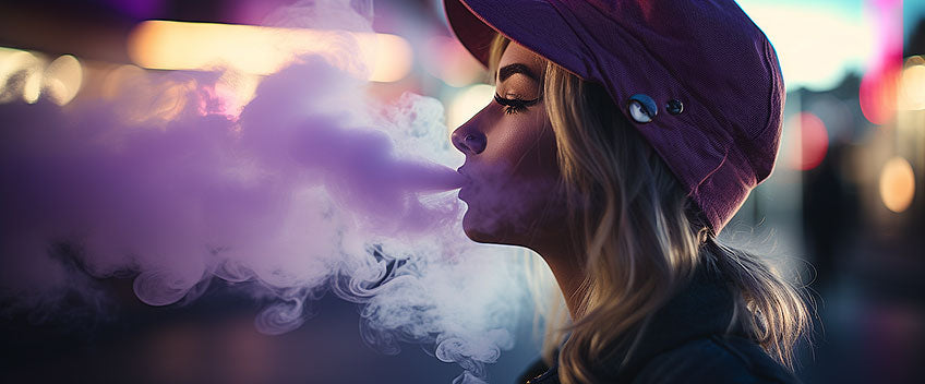 femme soufflant fumée rose cbd vape