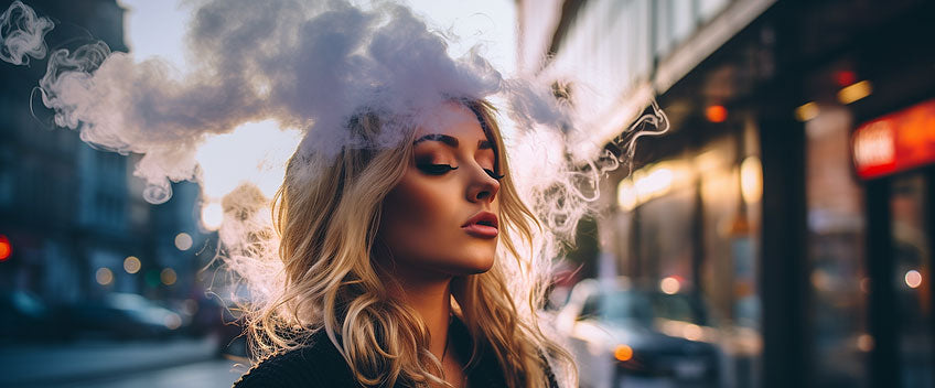 femme blonde dans la fumée vape cbd