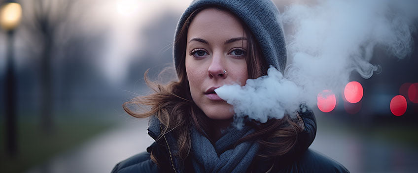 vape cbd femme fumant dans le froid