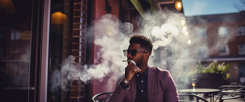 black man smoking cbd vape wearing purple