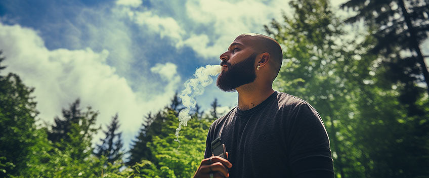 man smoking cbd vape in forest
