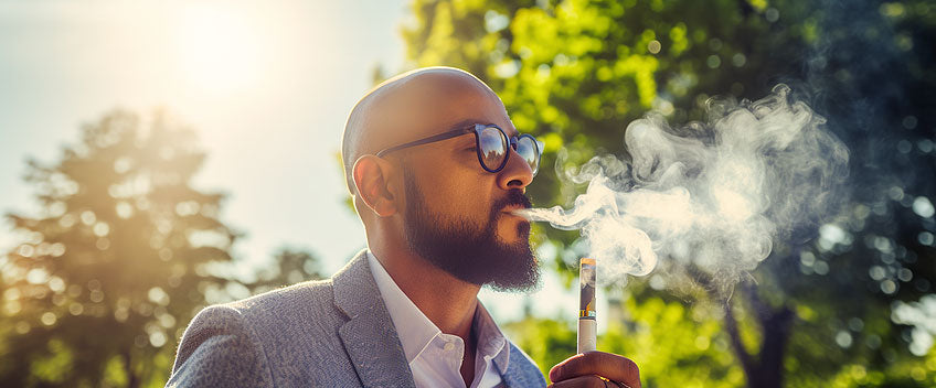 man with glasses smoking cbd vape