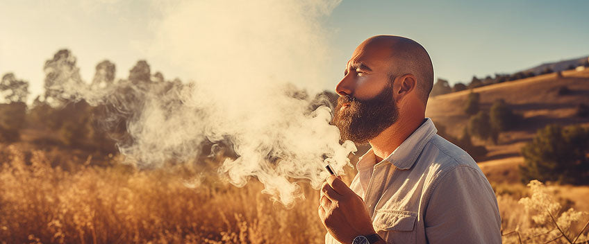 man smoking cbd vape in an orange field