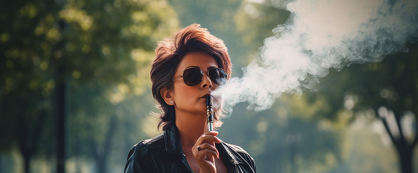 woman with glasses smoking cbd vape