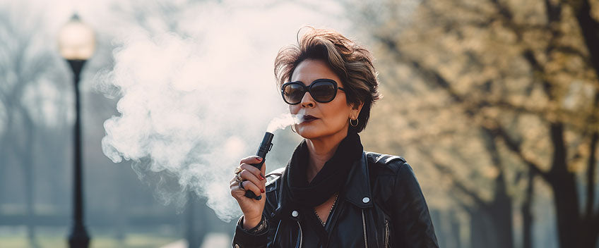 woman smoking cbd vape in street