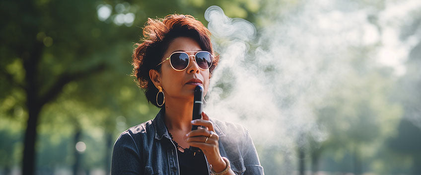 woman with glasses smoking cbd vape in forest