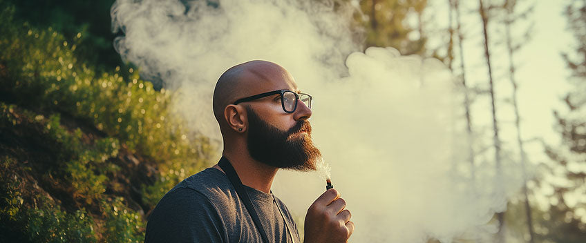 man with glasses smoking cbd vape in forest