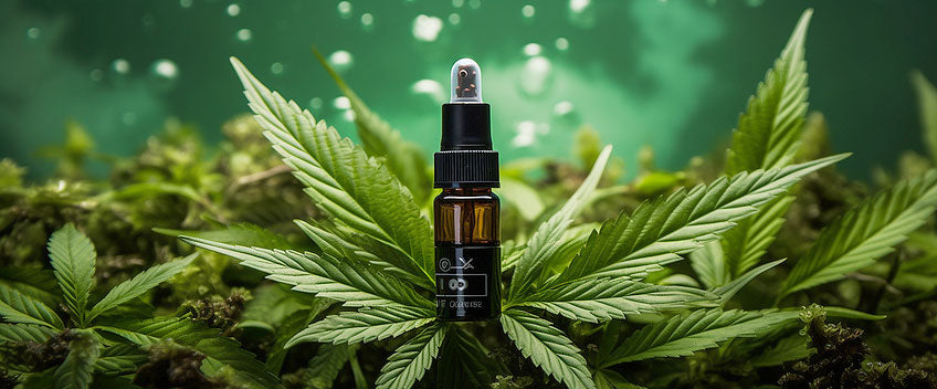 cbd juice surrounded by cbd leafs cbd vape