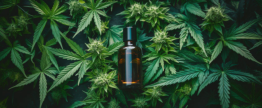 cbd e liquid on green leafs