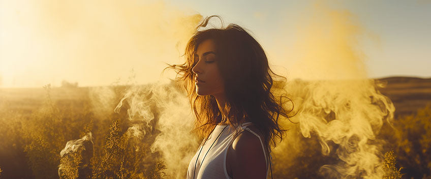 woman in yellow field cbd vape