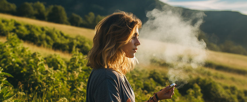 blond woman smoking cbd vape in green field