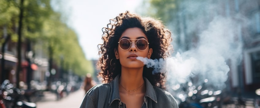 woman with glasses smoking cbd vape in street
