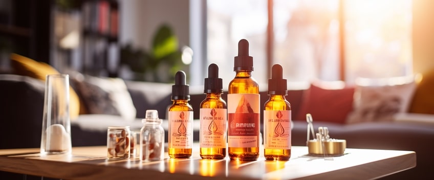 different cbd e liquids on table for cbd vape