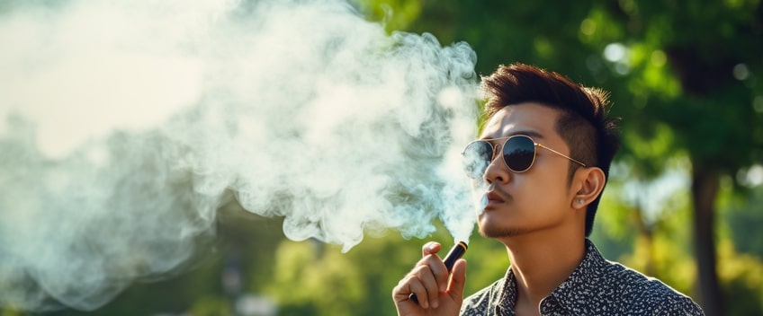 man with glasses smoking cbd vape