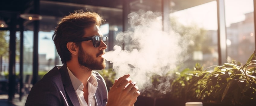 man smoking cbd vape in sunset