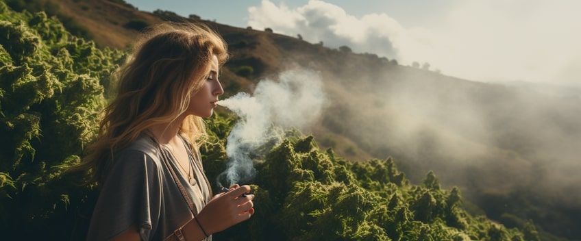 woman smoking cbd vape in field