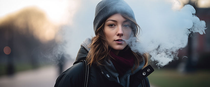 femme avec bonnet fumant vape cbd