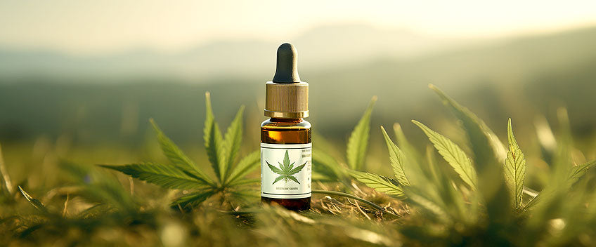 huile cbd flacon dans un champ vert