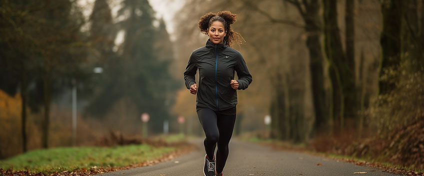Une femme court sur un chemin bordé d’arbres.