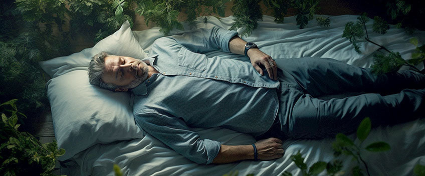 huile cbd homme dormant dans feuilles vertes