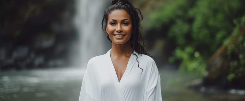 woman smiling waterfall cbd oil