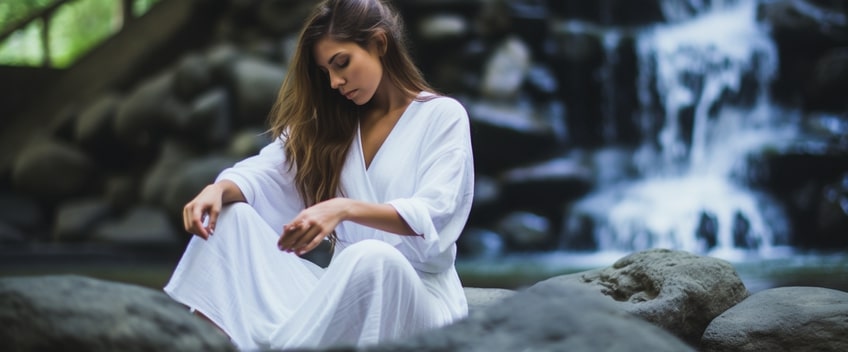 woman in white looking down cbd oil