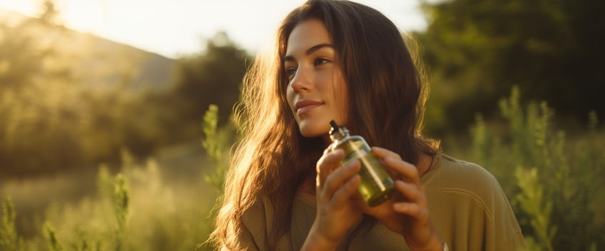 woman on a field holding cbd oil