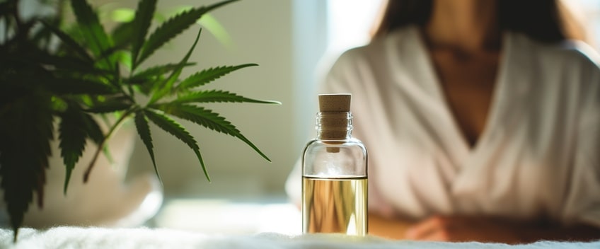 woman facing yellow cbd oil