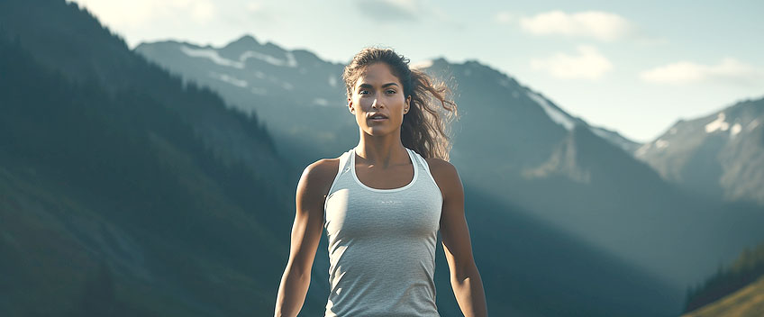 Une femme en tenue de sport dans un paysage de montagnes.