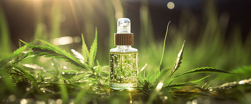 huile de cbd sur lit de feuilles