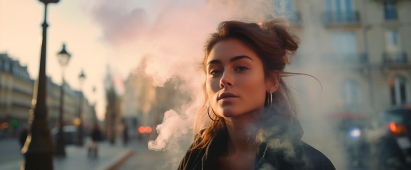 e liquide cbd femme dans fumée rose