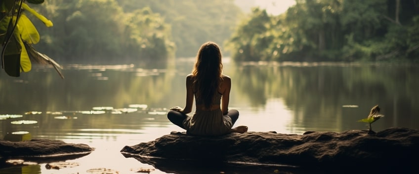 huile de cbd femme méditant au lac