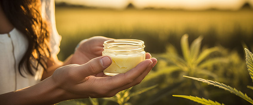 mains tenant une crème cbd dans un champ