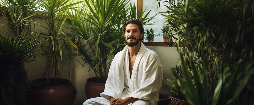 homme entouré de plantes vertes crème cbd
